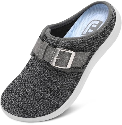JOINFREE Womens Wide Slippers Adjustable Diabetic Mules Slip on House Slipper Breathable Barefoot Walking Shoes for Extra Wide Width Arthritis Edema Swollen Elderly BlackGrey Size 9