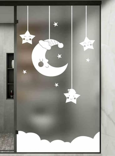 Fensterfolie Mond Weiße Sterne Milchglasfolie Sichtschutz Fensterfolie Blickdicht Bad Milchglasfolie Selbstklebend Fenster Sichtschutzfolie Fenster Fensterfolien Window Privacy Film 90x120cm/1 Pcs