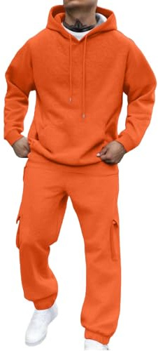 Survêtement à capuche pour homme - Coupe décontractée - Manches longues - Ensemble sweat à capuche et jogging - Cordon de serrage et poche kangourou - Tailles S à 3XL, Orange, XXL