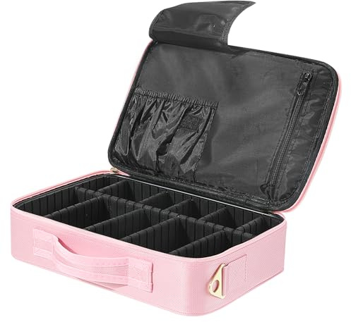 Luxspire Kosmetiktasche, 2 Fächer, mit Schulterriemen, mittelgroß, Rosa | Kosmetiktasche mit Schulterriemen, mit verstellbaren Trennwänden, Make-up-Organizer für Frauen und Visagisten