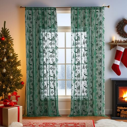 Xiyocadt 2 Paneele Weihnachtsvorhänge mit Stangentaschen, Durchsichtige Weihnachtsgardinen mit Weihnachtsbaum, Rentier, Schneeflocke for Weihnachtsdekoration (Grün,B150*H240 cm)