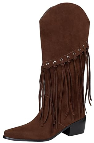 Cocey Bottes en daim pour femme - Franges et talon bloc 5,5 cm - Design à enfiler pour style western en hiver, marron, 38 EU