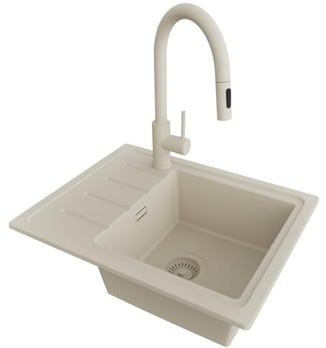 PRIMAGRAN Lavandino da Cucina al Mobile 45cm + Rubinetto, 55x44cm | Set: Rubinetto BW9010 + Kit di scarico + Lavello in Granito a 1 Vasca - Copenhagen Easy, Tutto Beige