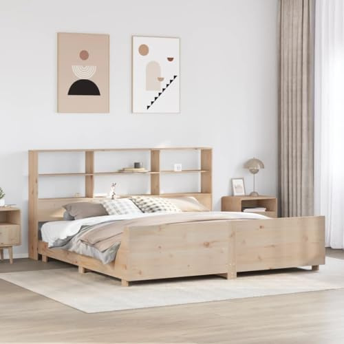 Runheo Massivholzbett 180x200 cm, Kiefernholz Unbehandelt, Bettgestell mit Lattenrost und Ablagen, Robustes Bettrahmen für Schlafzimmer, Erholsamer Schlaf, Möbel