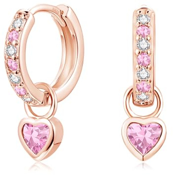 Lynizo Ohrringe Silber Hängend, Klein 925 Sterling Silber Mädchen Creolen | Süß Herz Kinder Creolen Ohrhänger mit Grün Rosa Aquamarin Lila Fuchsia Zirkon,12mm Damen Hypoallergen Schlafen Hängeohrringe
