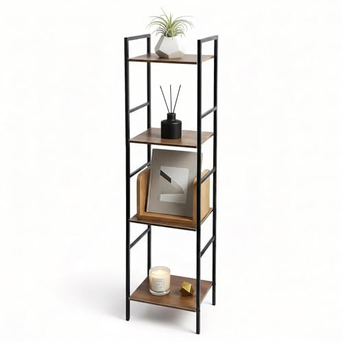 GEEZY 4 Tier Tall Bookcase Shelving Unit - Narrow Metal & Wood Storage Display Cabinet - Industrial Freestanding Shelf Rack Holder for Plants & Decorations in Living Room, Kitchen, Hallway or Office