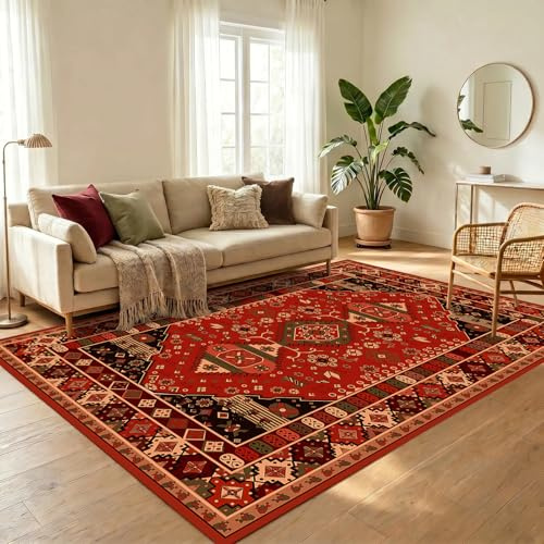WUTONG Alfombra Salón Vintage Roja 140x200cm,Alfombra Pelo Corto Antideslizante Lavable,Oriental para Sala de Estar,Habitacion
