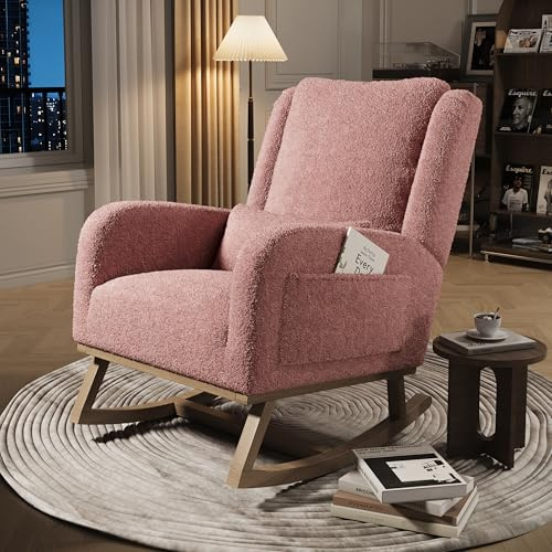 Hoscullo Gungstol, teddy-tyg med sidofickor, relaxfåtölj med ländryggskudde, 13 cm tjock sittdyna amningsstol, fåtölj med ben i massivt trä för vardagsrum och babyrum (rosa)