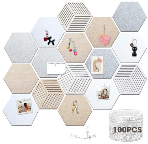 Akamiti 16 Stück Filz Pinnwand Sechseckige mit 100 Pushpins, 9 mm Dicke