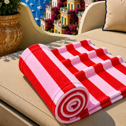 PETTI Artigiani Italiani - Telo Mare Microfibra, Asciugamano Mare o Piscina, Telo per Lettino Spiaggia, Grande 90x180 cm, Righe Rosa Rosso