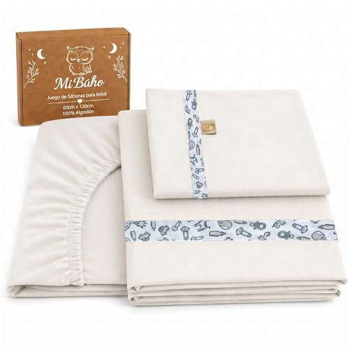 Mi Búho, Sabanas Cuna 60x120 Algodon,Juego Completo 3 Piezas. Crema | Bajera ajustable, encimera y funda de almohada, tejido 100% algodón suave, confeccionado en España