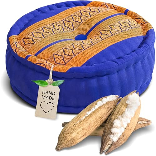 livasia Meditationskissen - Ø 38x15cm - Yogakissen mit Kapokfüllung, Pouf, Bodenkissen rund für Yoga und Zen Meditation, Zafukissen für Garten und Balkon, Sitzkissen handgemacht (Blau/Gelb)