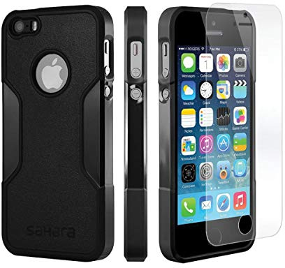 iPhone 5 Case, iPhone SE, iPhone 5s, Black SaharaCase® Protective Kit with ZeroDamage® Tempered Glass Screen Protector Rugged Thin Lightweight [Built-In Camera Hood Prevents Lens Scratching] - Black