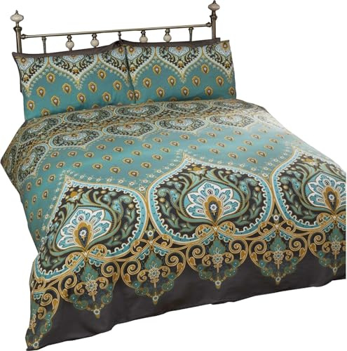 Rapport Home Asha Green Mandala Duvet Cover Set - Double Polycotton Bedding with Matching Pillowcase & Popper Closure - Easy Care British Design