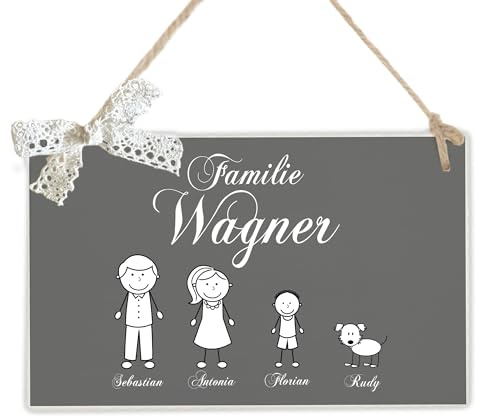 Türschild Familie Klingelschild Türschild personalisiert Familienschild Vornamen und Figuren, Haustürschild aus Holz in Grau Weiß, Geschenk zum Umzug Hochzeit Geschenk Baby Manufaktur Liebevoll