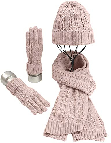 Warmiehomy Mütze, Schal und Handschuh Set für Damen - 3 in 1 Warmes Winter Strickset für Skifahren, Ausflug, Camping und Reisen - Rosa