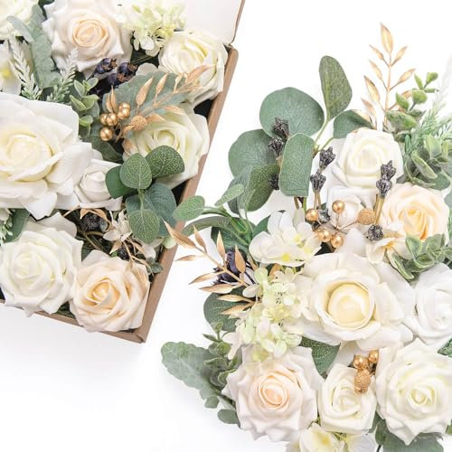 Ling's moment Artificial Flowers realistic flowers, Ivory & Cream Fake Flowers Eucalyptus Greenery Combo Box Set for DIY Wedding Bridal Bouquet, Centerpieces, Floral Arrangement Decor, etc.