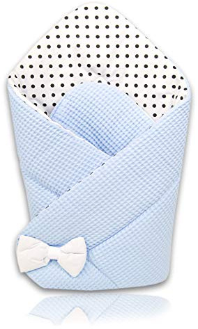 PIMKO Einschlagdecke Babyhörnchen Schlafsack Decke Wickeltuch für Neugeborene und Kleinkinder Kuschelweich Praktisch Wickeldecke Umschlagdecke 75 x 75 cm Tolles Muster 100% Baumwolle (Baby blue)