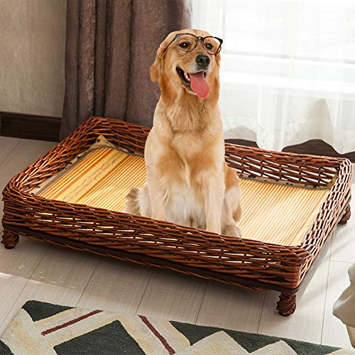 Hundebett kleine Hunde Rattan Hundebett Haustierbett Hundekissen Zum Innen & Draussen Benutzen Mit Baumwolle Und Bambus Matratze 2 Farben GCSQF (Color : B, Size : 98X71X14CM)