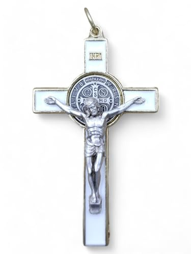 La Balestra Crocifisso per Collana, Croce di San Benedetto Made in Italy - Pendente Artigianale Crocifisso Placcato Oro 18K, Corpo di Cristo in Metallo - Medaglia San Benedetto (Bianco)