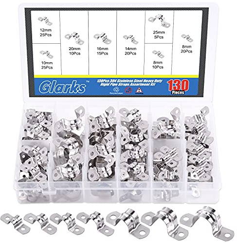Glarks 130Pcs Two Hole Strap Clamps Set M8 M10 M12 M14 M16 M20 M25 304 Stainless Steel Heavy Duty Rigid Pipe Strap U Bracket Tube Strap Assortment Kit For Pipe Tube Fixing