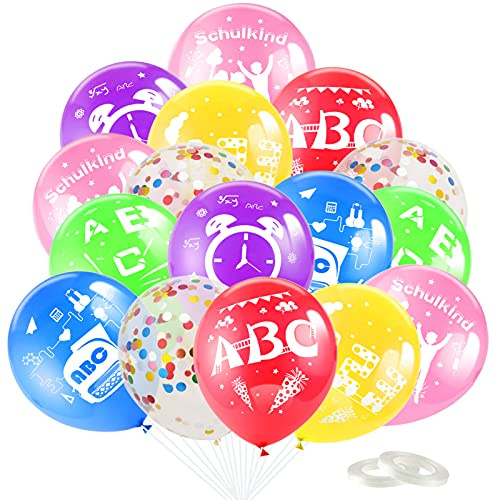 HOWAF 35x Luftballons für Schuleinführung, Einschulung Deko Junge und Mädchen, Schulanfang Konfetti Luftballons Set Schulanfang Schulstart Deko latex Ballons mit ABC und 123 Motiv im Farbmix