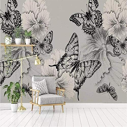 Wandbild 3D Wandpolster Papier Seide Material 3D Tapete Gemalt Schwarz Weiß Schmetterling Blume TV Hintergrund Wandtapet fototapete 3d effekt tapeten Wohnzimmer Schlafzimmer kinderzimmer-430cm×300cm