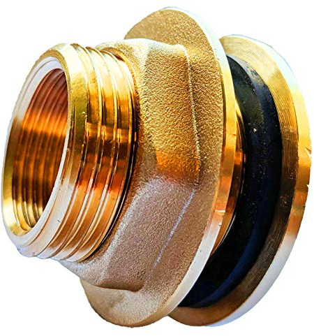Tank Durchführung mit Anschlag und 2 Dichtungen Loch Größe 22 mm 1/2 Rohr Zoll Aussen Gewinde AG x 3/8 Innengewinde IG Wandungsstärke max. 10 mm Regentonnen Verschraubung Messing