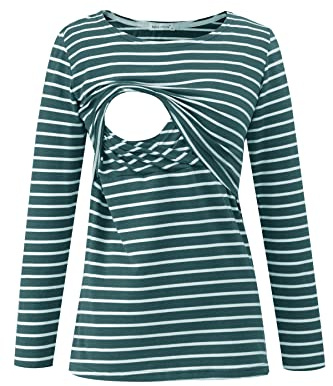 Smallshow Women's Long Sleeve Breastfeeding Top Maternity Nursing T-Shirt Pregnancy Clothes Deep Green Stripe S
