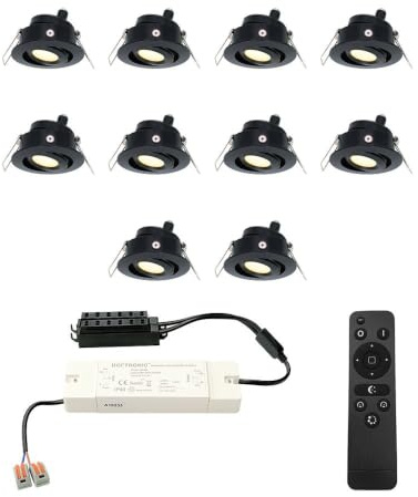 HOFTRONIC - Einbaustrahler Schwarz Feuchtraum Badezimmer 12V Terrassenüberdachung IP44 Wasserdicht | 10x3W 200 Lumen 2700K Warmweiß Dimmbar Schwenkbar Flach RF-Fernbedienung 3W Mini LED Einbaustrahler