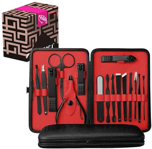 SET 16 PIÈCES COUPE ONGLE PROFESSIONNEL EN ACIER INOXYDABLE MANUCURE PEDICURE | COUPE CUTICULE | HOMME ET FEMME | BELLE BOITE TROUSSE DE RANGEMENT OFFERT | MARQUE 100% FRANÇAISE (ROUGE)