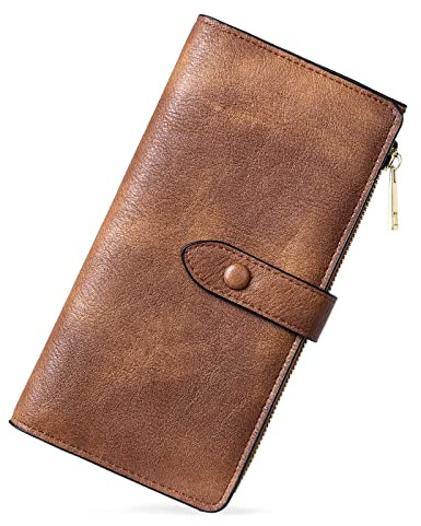 BOSTANTEN Womens Leather Wallets RFID Blocking Large Capacity Trifold Card Holder Ladies Phone Clutch Grey Brown