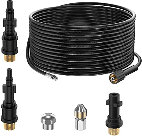 15M Tubo di Sonda Sturatubi per Idropulitrici Kärcher K2 K3 K4 K5 K6 K7 HD HDS, 180bar Kit Pulizia Tubi di Scarichi con 2 Ugelli per Getto di Fogna per Lavor Parkside Bosch Accessorio