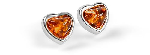 Heart Earrings in 925 Sterling Silver and Baltic Amber, Stud Earrings, Heart Jewellery, Boho Style, Vilentine's Gift for Her