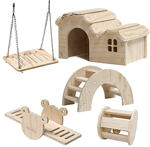 Zasvec Hamster Spielzeug Set: 5 Stck Holz-Spielzeug fr Hamster, Meerschweinchen & Co. - Inkl. Haus, Brcke, Wippe, Schaukel & Glockenrolle - Fr kleine Haustiere & zur mentalen Stimulation