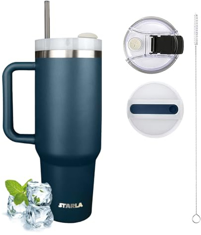 STARLA termosmugg stor med handtag och sugrör 1,2 l, 2 lock, läckagesäker, dubbelväggig rostfritt stål isoleringsmugg To Go vattenkopp, bilmugg, resemugg med handtag (havsblå)