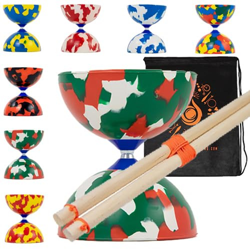 Juggle Dream Jester Diabolo Set Age 14+ with Wood Sticks - Pro Medium Rubber Diablo Set With Wooden Handsticks and Cascade Carry Bag (Red, White and Green)