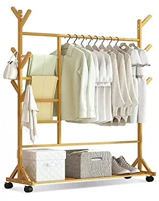 Bambus Garderobe mit Rollen - Baumform Kleiderstange Haken, stilvoll & praktisch für Wohnzimmer und Büro - Garderobenleiste Bambus