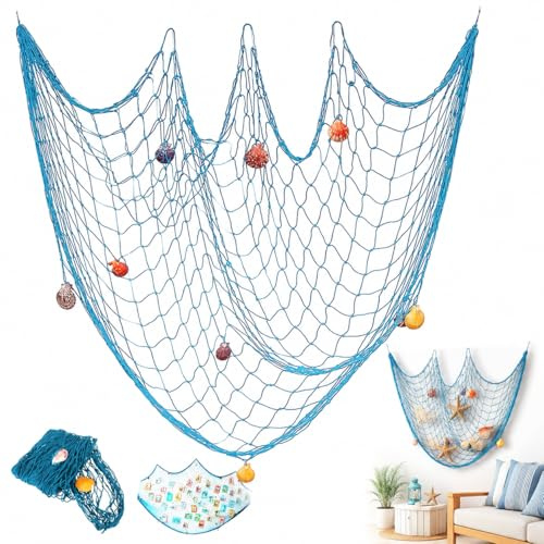 DJFOG Decoración Mural Marítima - Red de Pesca Azul Estilo Mediterráneo, 150x200 cm, con Conchas para Decoración de Interiores, Escenario y Eventos