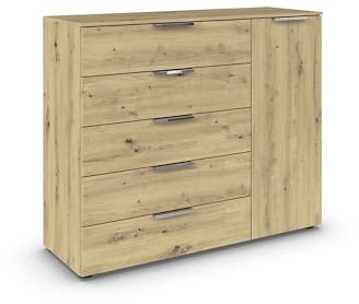 Rauch Möbel Flipp, Kommode, Farbe Eiche Artisan, Breite 120 cm | Sideboard, 1-türig, 5 Schubladen, Soft-Close-Funktion, für Schlafzimmer, Gästezimmer, Wohnzimmer, Garderobe, Flur