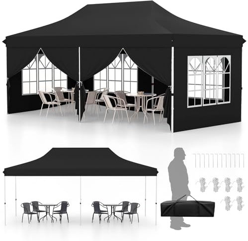 COSTWAY Tonnelle de Jardin 3x6M avec 6 Parois Latérales Amovibles, Tente de Reception Escamotable avec Sac de Transport 6 Sacs de Sable, Tonnelle Instantanée pour Fête Mariage BBQ (Noir)