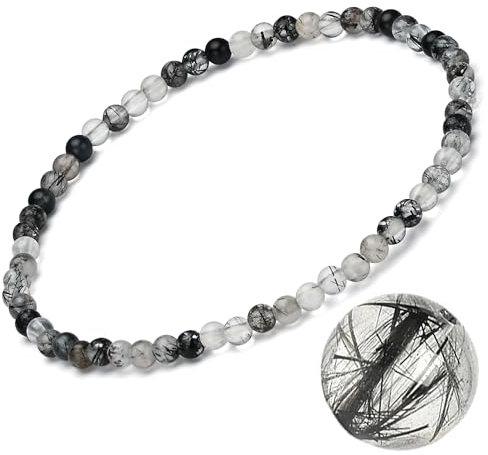 EUMENIDES Damen-Naturstein-Armband, Turmalin, Tigerauge, Obsidian,Achat-Kristallstein-Armband,QUALITÄT A, 7,2 Zoll, 4/6MM, (Schwarzes Haar,4MM)
