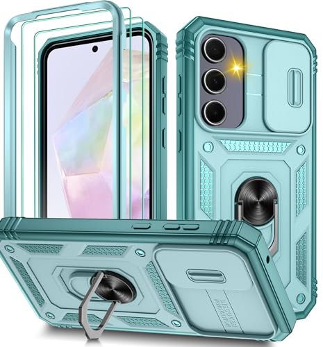 Pilaru 3 in 1 for Samsung A55 5G Phone case | With Front Frame | [Separate] 2 Screen Protector & Kickstand Ring & Camera Cover Military Grade Drop Shockproof Protection for Galaxy A55,Green