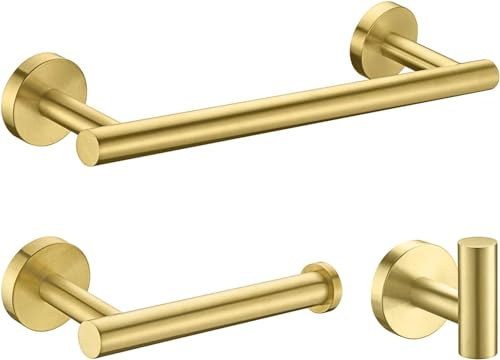 Gold Bathroom Hardware, NSCMQSL Bathroom Accessories Set Includes Toilet Paper Holder 12 Inch Towel Bar Robe Hook Wall Mounted,3 Pieces