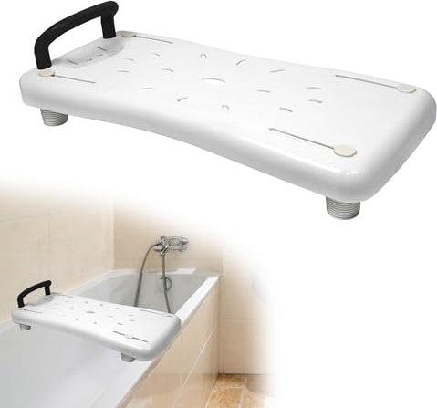Suusolny Sedile per vasca da bagno per anziani, 70 x 31 cm, regolabile, 41 – 63 cm, per vasca da bagno, per doccia, portasapone e manico ergonomico fino a 150 kg, manico nero