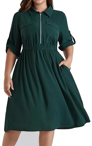 Hanna Nikole Women's Plus Size Adjustable 3/4 Sleeve A-Line Midi Dresses V-Neck Lapel Summer Dresses Elastic Waist Casual with Pockets Dark Green 26