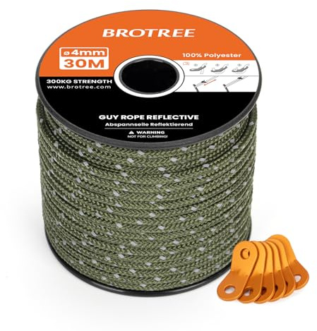 Brotree Cuerda Tienda Campaña Reflectante 4mm x 30m con 6 Pedazo Tensores | Verde Militar, Cuerda Tensora, 100% Poliéster, Max 300KG, Resistente, Para Tienda, Toldo, Camping