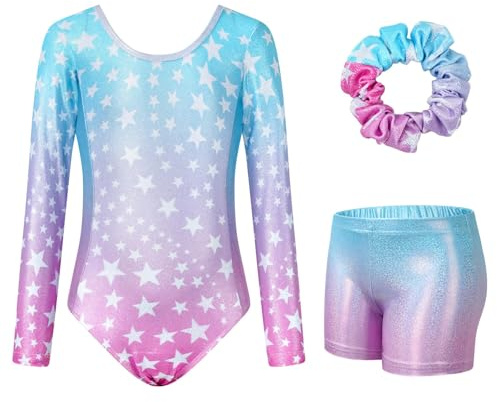 JiAmy Gymnastiktrikåer för flickor med korsrygg, långärmad glittrande danstrikåer med shorts balettdräkt för 3-12 år, 6-7 Years