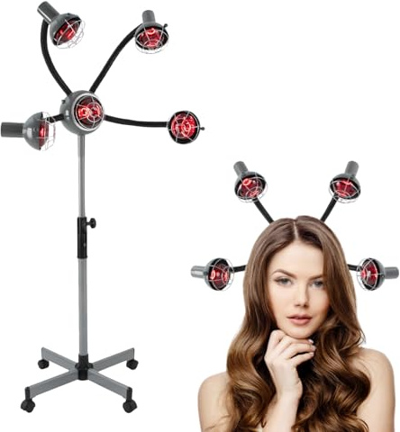 Friseur Trockenhaube, 5 Kopf Infrarot Friseur Salon Wärmelampe mit Standfuß, 750W Heizung Trockenhaube, Haartrockner 40-80°C, 112-136cm Höhenverstellbar (Silber-grau)