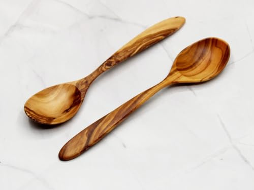DAGDEG Lot de 2 cuillères à soupe en bois d'olivier, cuillères à céréales, cuillères de camping, en bois d'olive, longueur : 20 cm, faites à la main